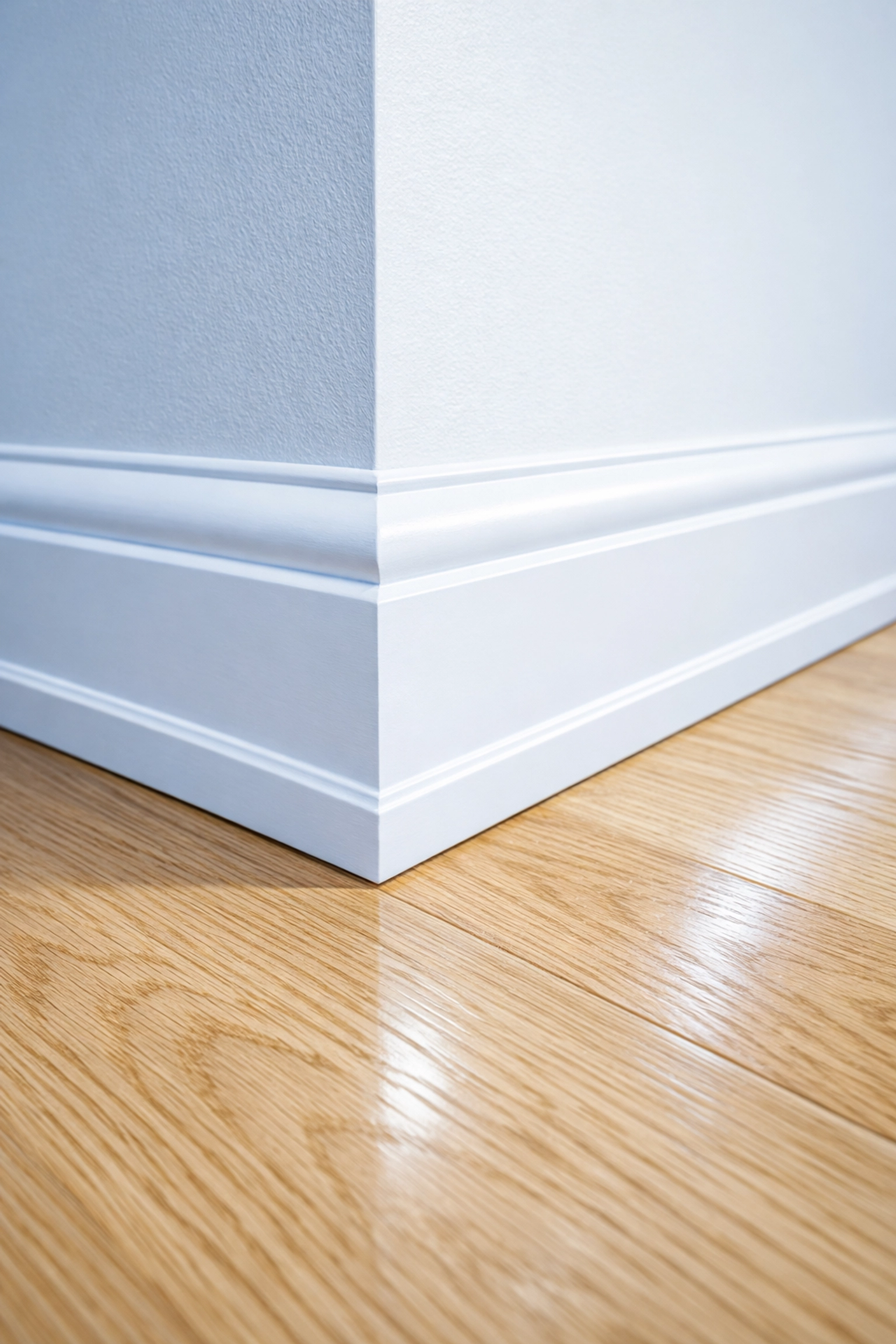 Detailed House Cleaning Westford service highlighting clean white baseboards and oak floors.
