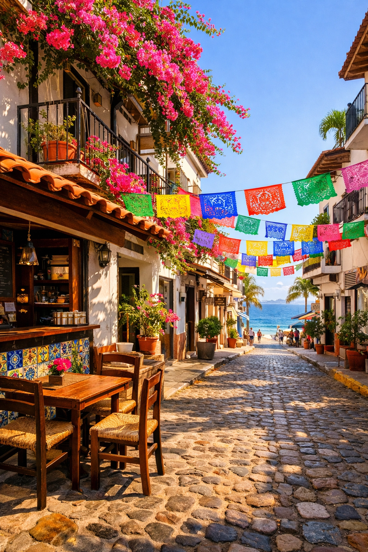 Sun-drenched cobblestone street in Zona Romántica near rentals in Puerto Vallarta Mexico.