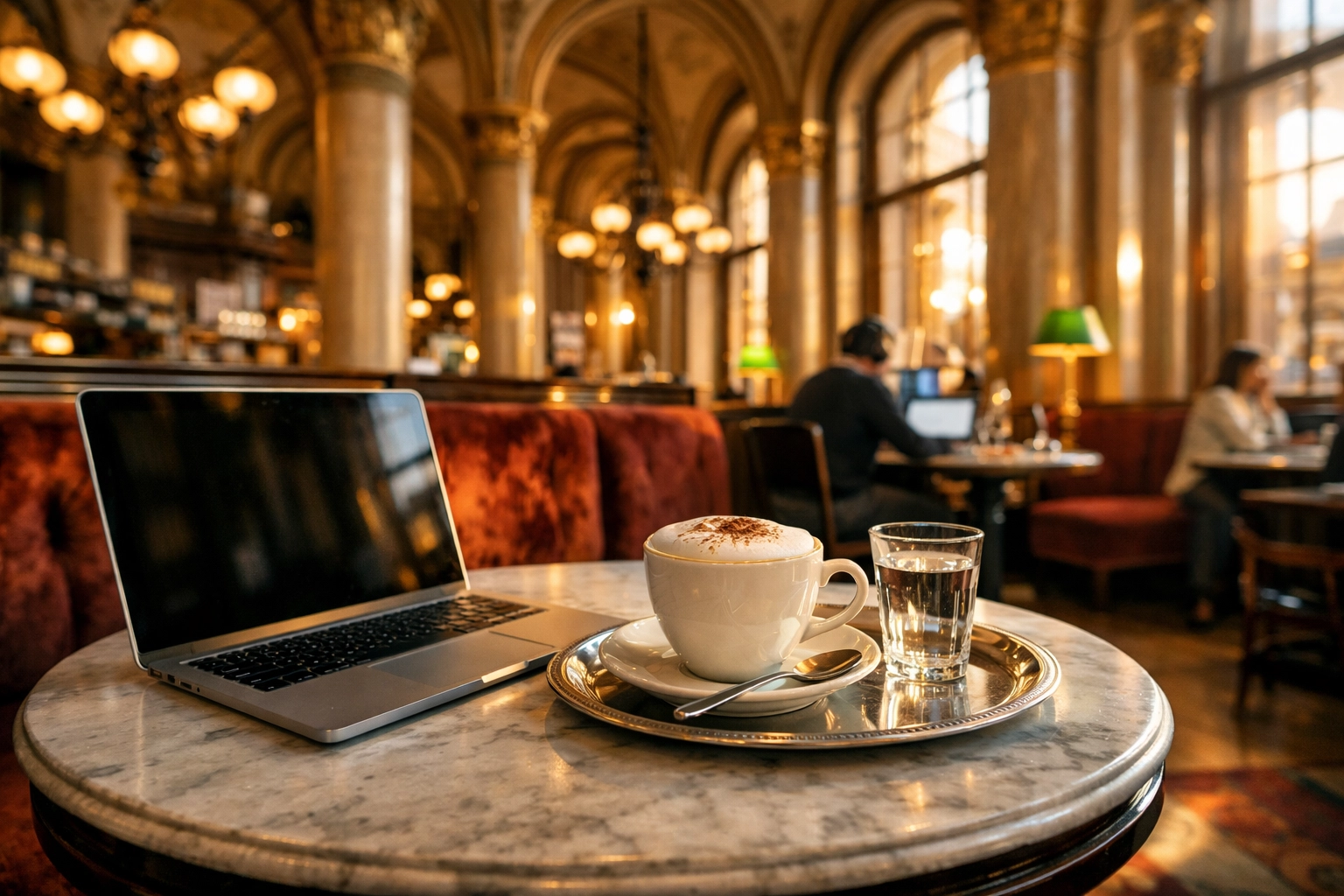 Laptop and coffee in a traditional Viennese cafe, representing the digital nomad lifestyle in Vienna.