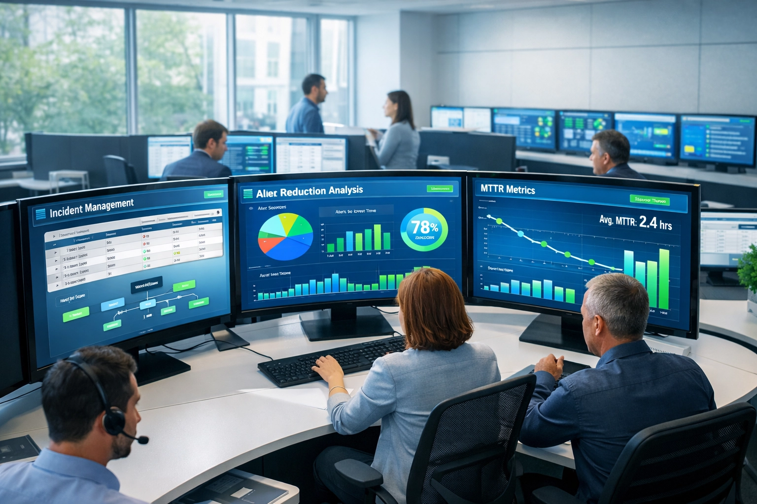 IT operations center displaying ServiceNow incident management dashboards with improved MTTR metrics