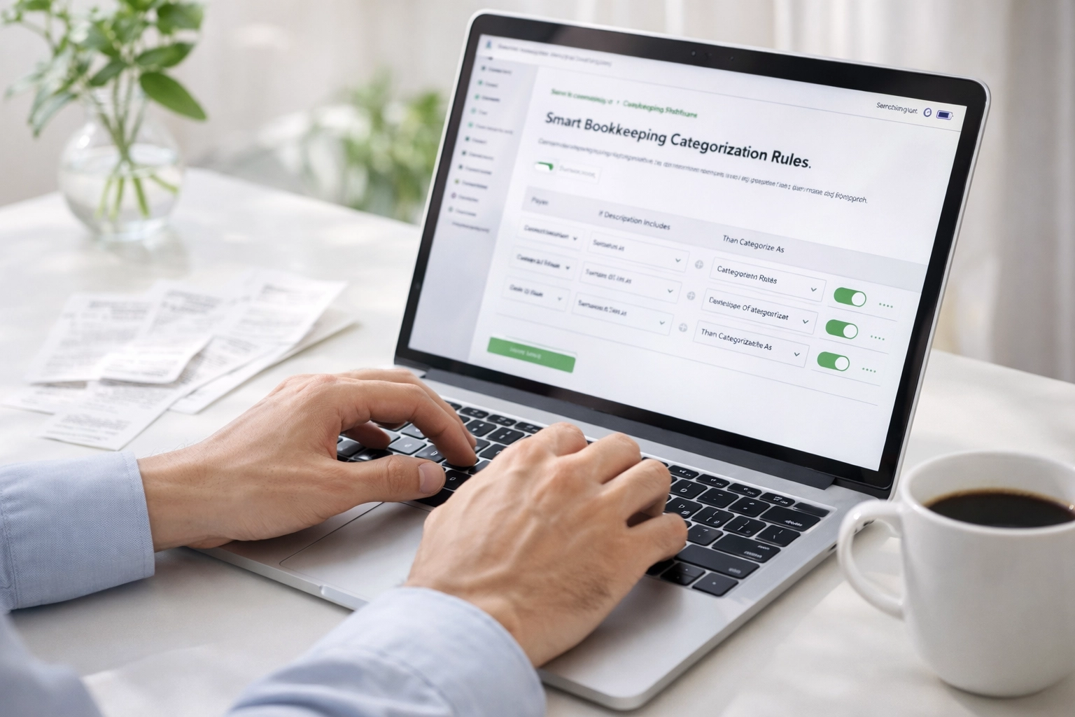 Close-up of hands organizing financial data through automated bank feed categorization rules.