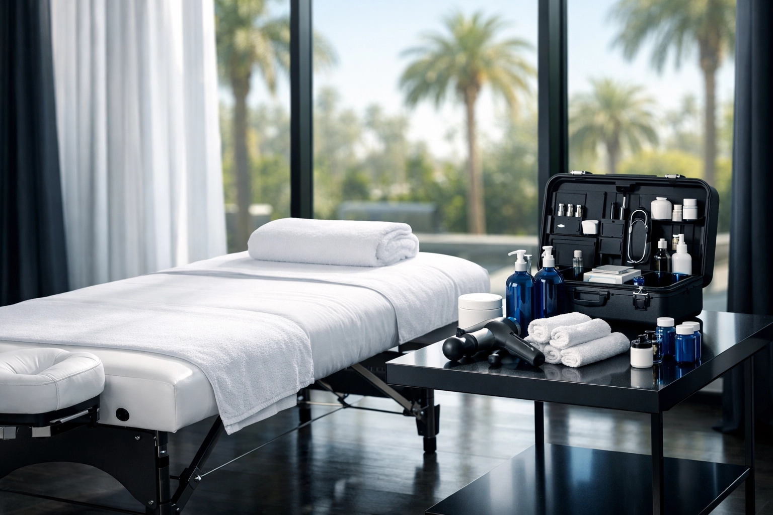 Professional medical massage table and equipment setup in a luxury home for clinical at-home therapy.