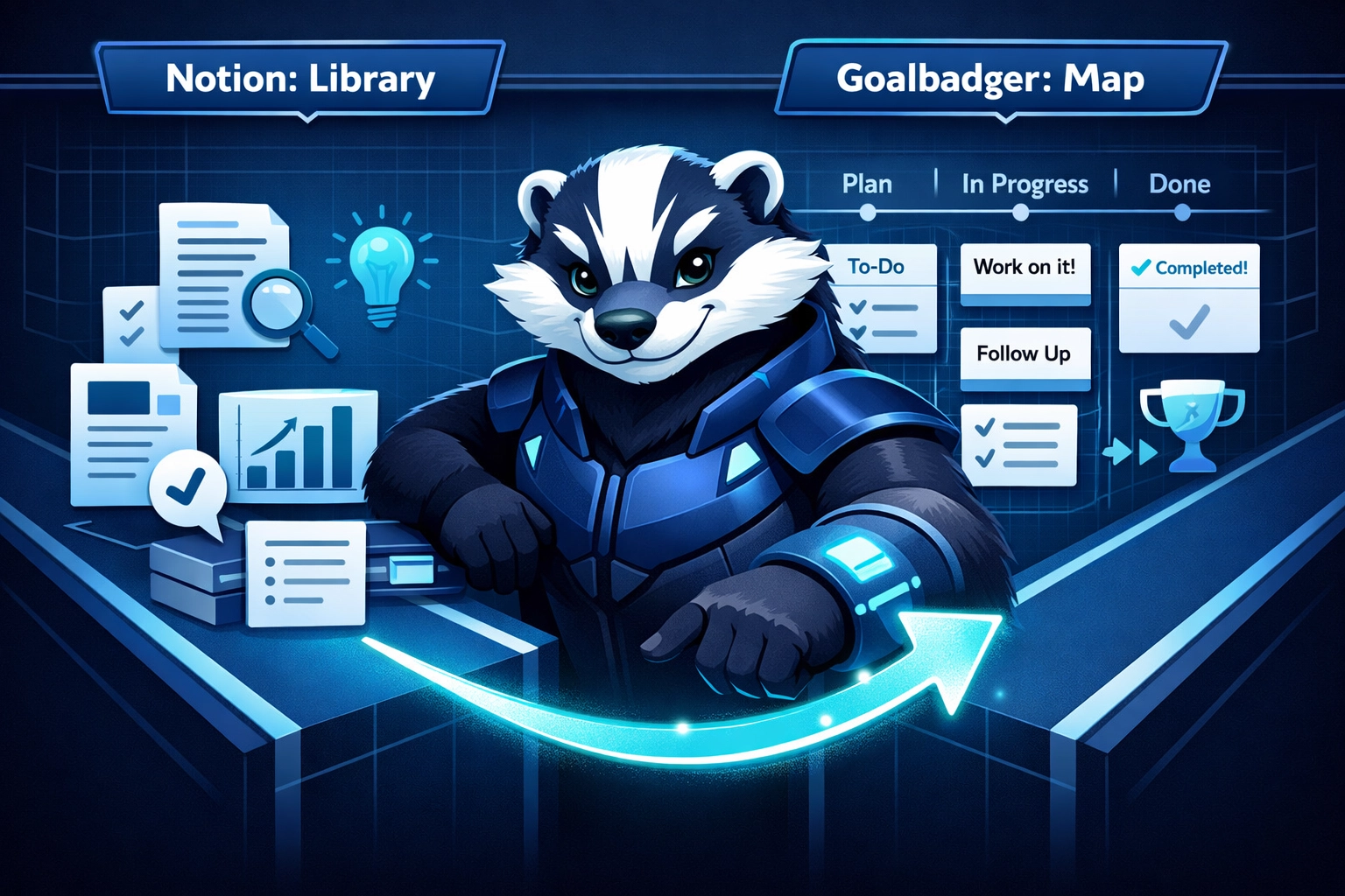 Two-lane workflow: Notion as the Library feeding Goalbadger as the Map, with the Goalbadger mascot bridging the two (no cape, athletic build, three-part white forehead blaze, navy segmented armor, supportive mentor vibe).