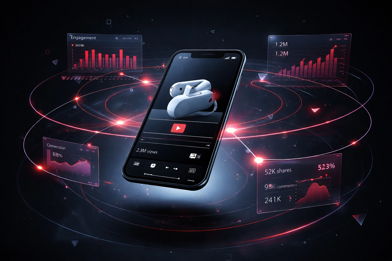 A smartphone surrounded by holographic analytics highlights real-time data benefits of video commerce marketing