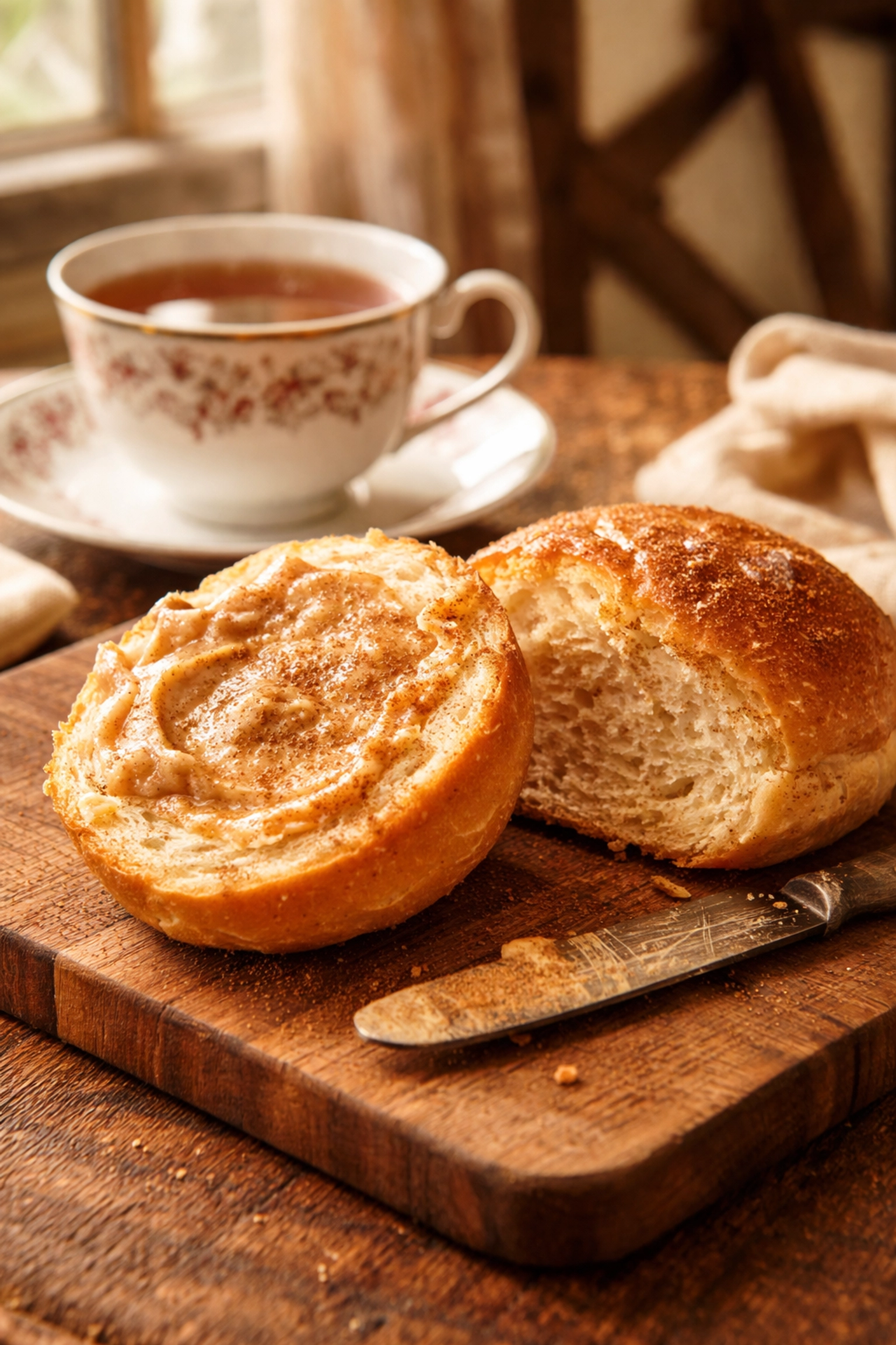 Close-up of a Sally Lunn bun with cinnamon butter and tea, a classic Bath culinary experience.