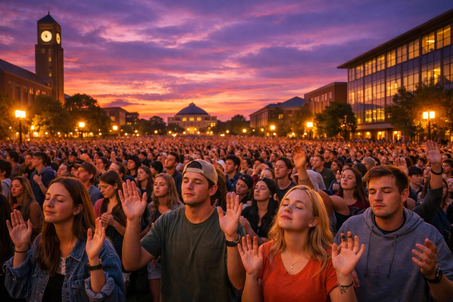 College students gathered for worship and prayer on a university campus at sunset during a nationwide spiritual awakening.