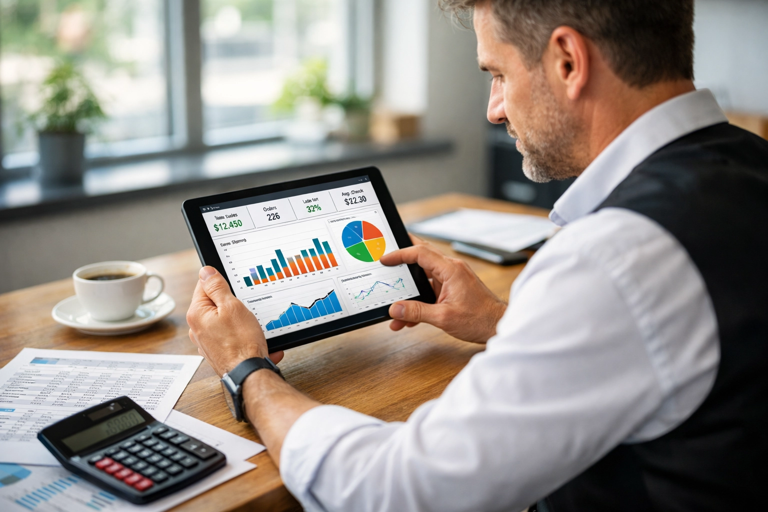 Restaurant manager analyzing financial data and POS reports on tablet