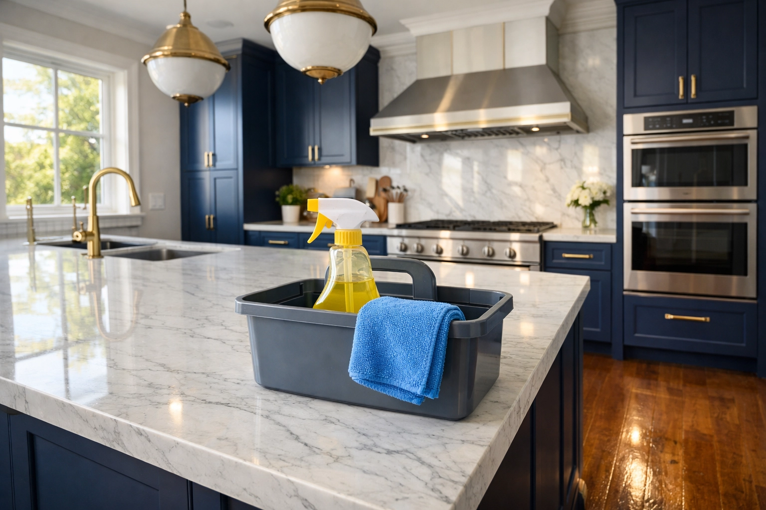 Spotless kitchen with marble counters after a professional house cleaning Pepperell MA service.