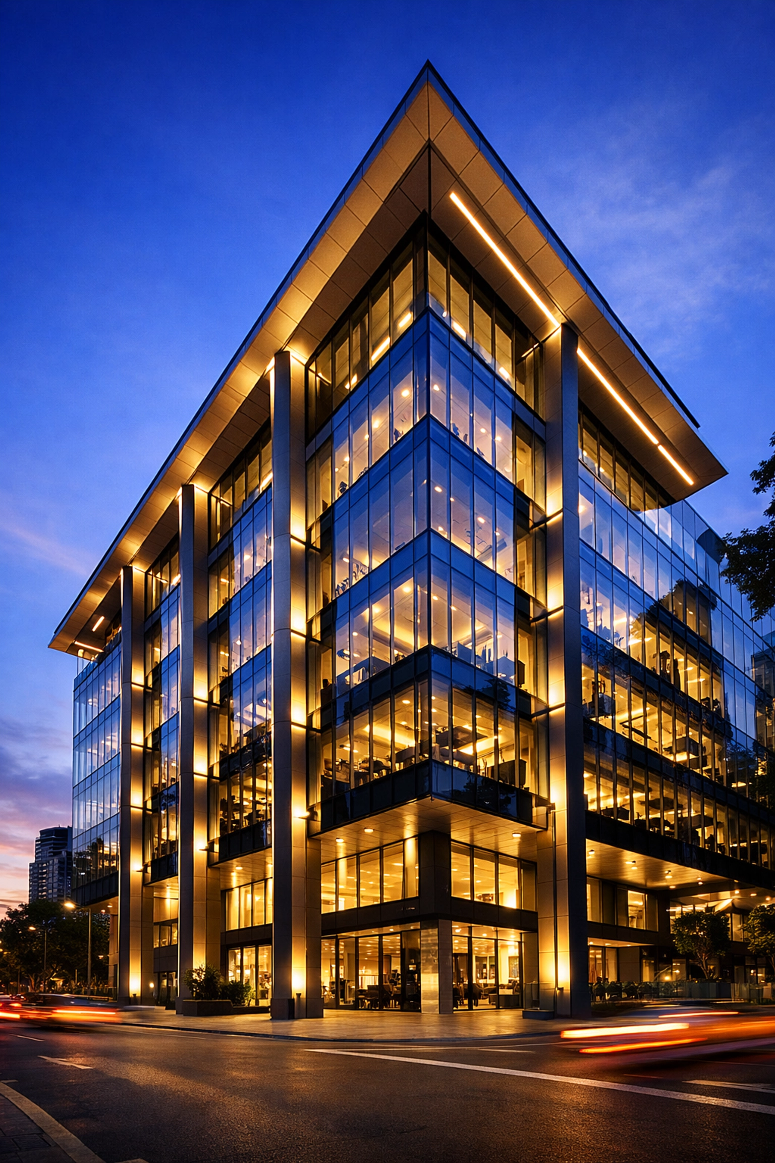 High-end architectural lighting illuminating a luxury glass-fronted commercial office building at dusk in Australia.