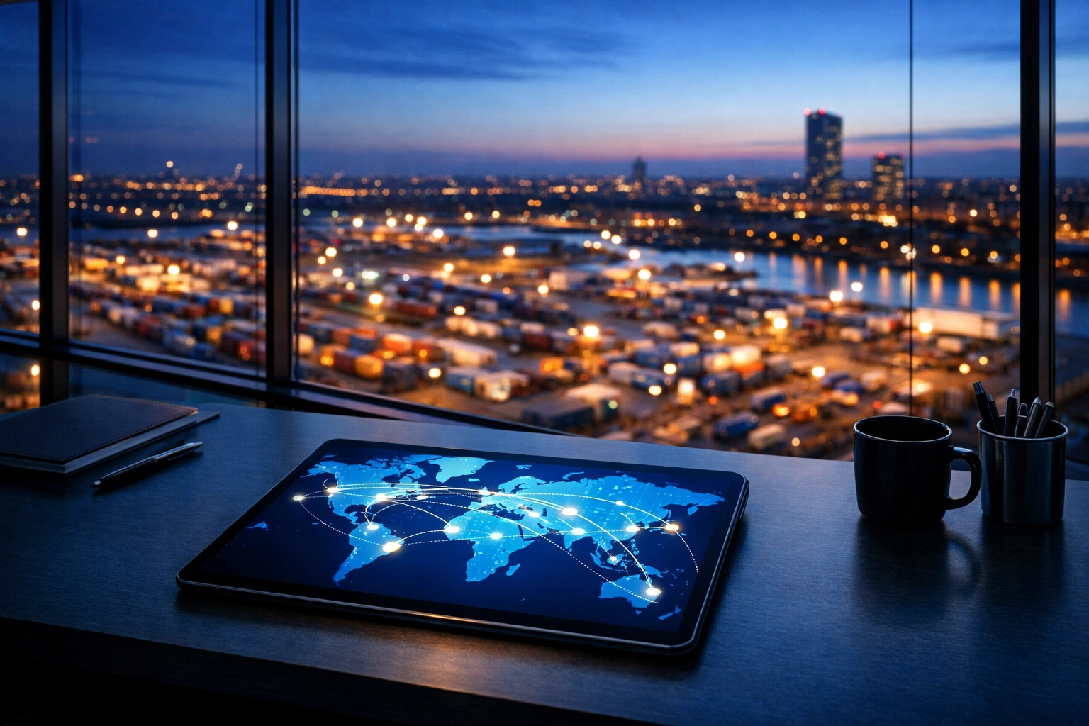 A digital map displaying international trade routes from a professional Manchester logistics hub.