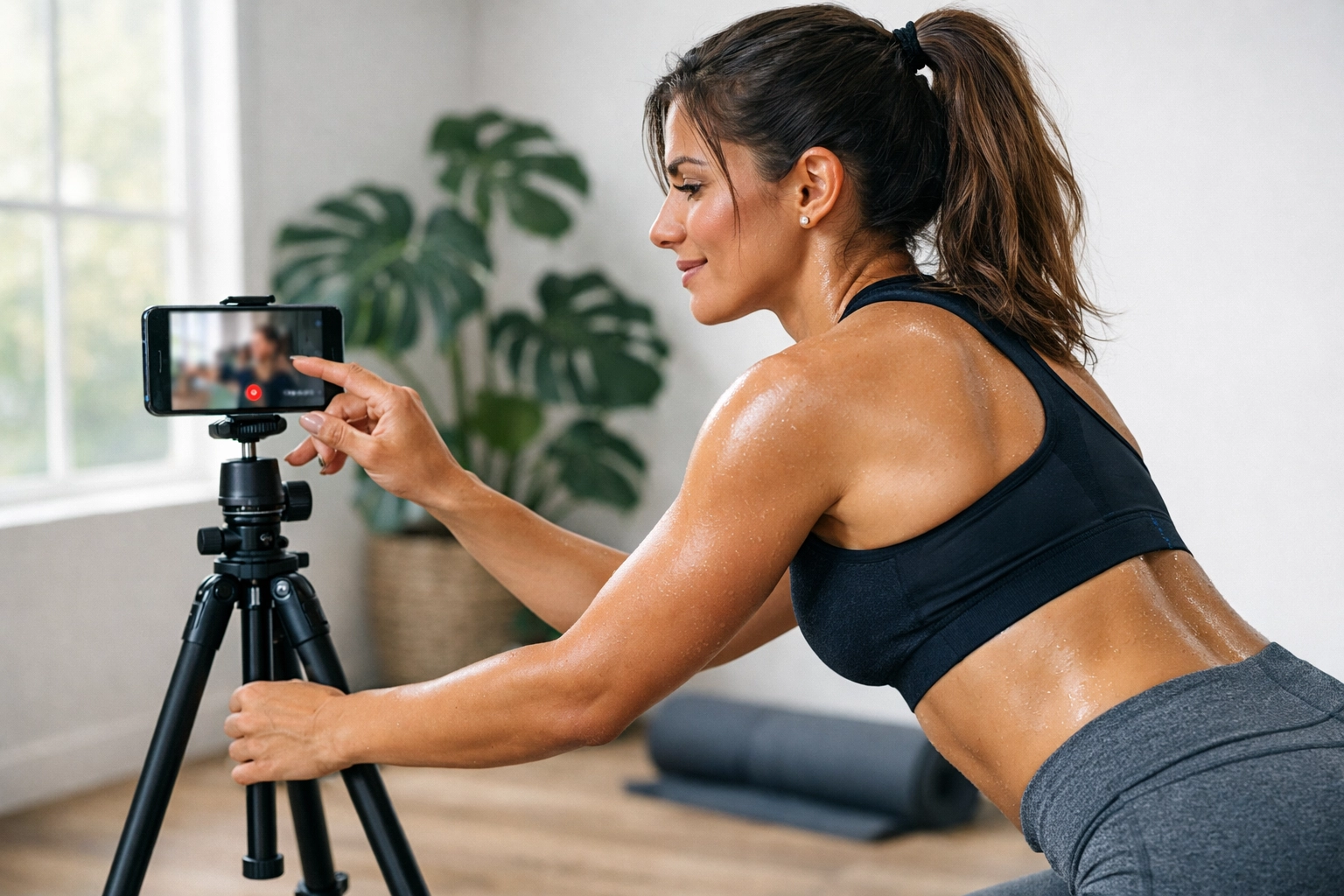 Fitness influencer recording an authentic workout video for social media in an aesthetic home gym.