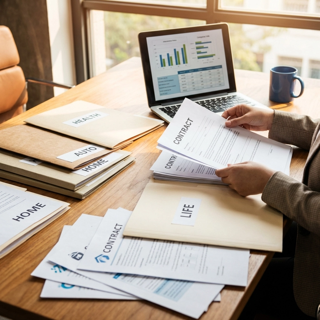 Insurance broker reviewing multiple life insurance policy documents and comparison charts in office