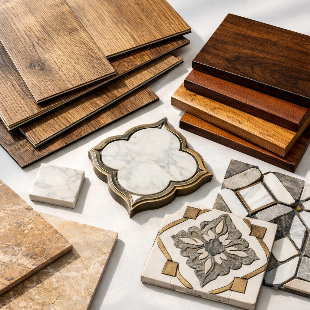 Premium flooring materials including hardwood, vinyl planks, and tile for Orlando homes