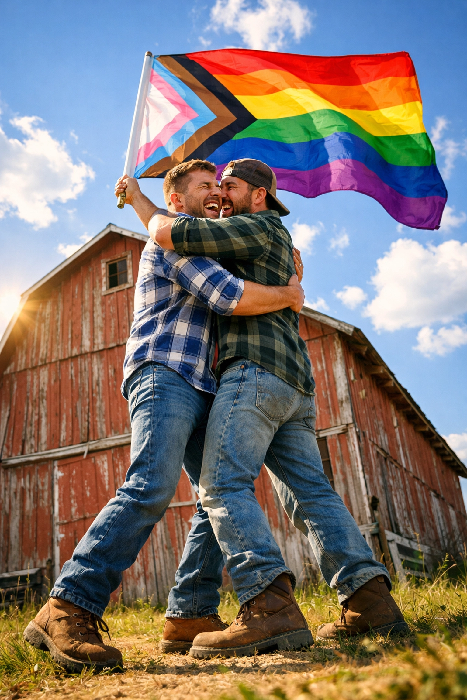 Two men celebrate rural pride with a flag by a red barn, representing authentic gay love and small town life.