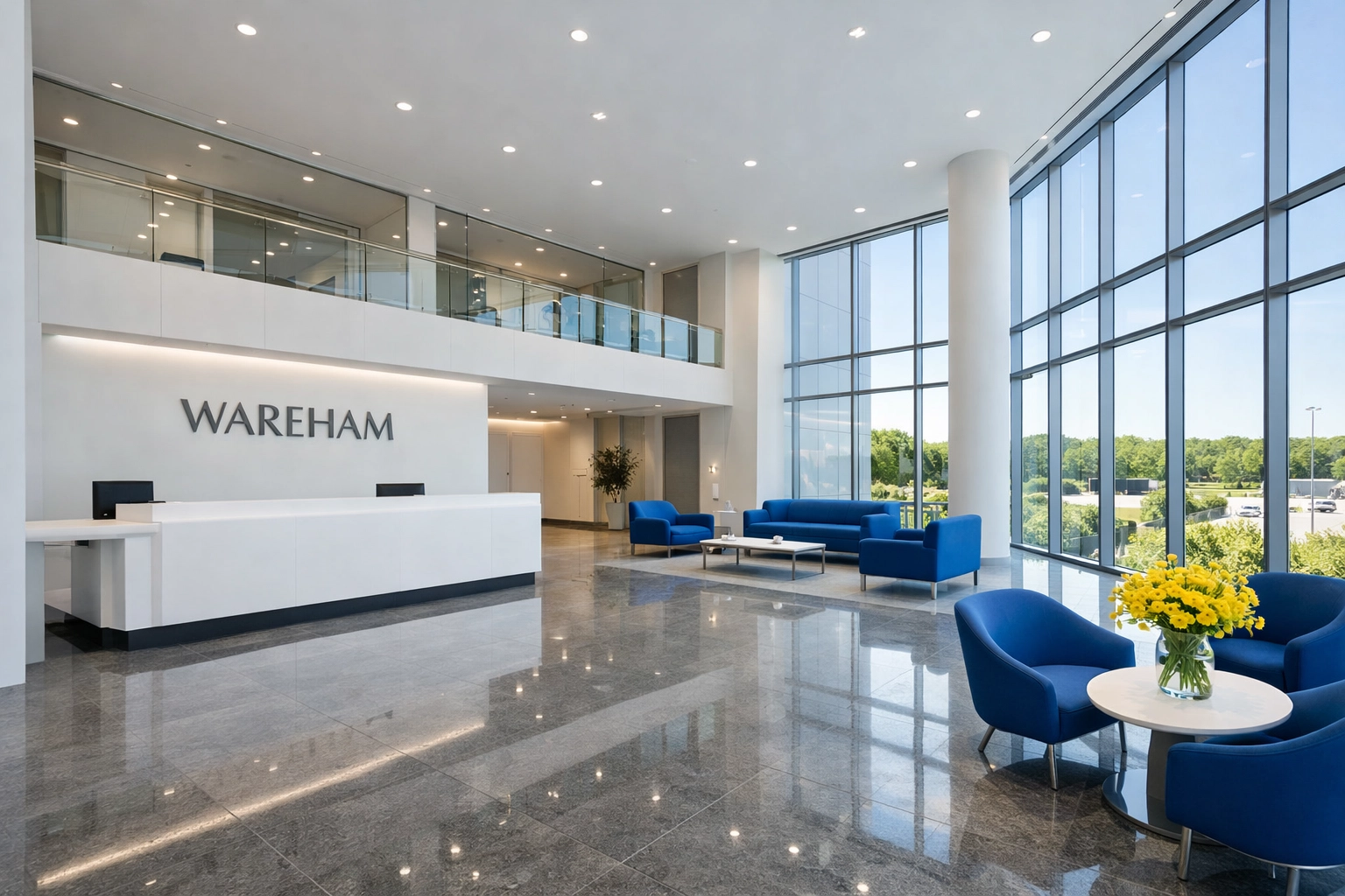 Spotless modern office lobby in Wareham with polished floors and professional cleaning maintenance.