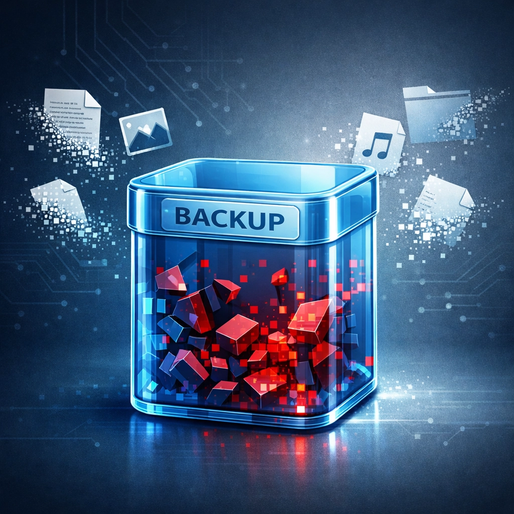 Failed backup system with corrupted data illustrating risks of budget IT providers