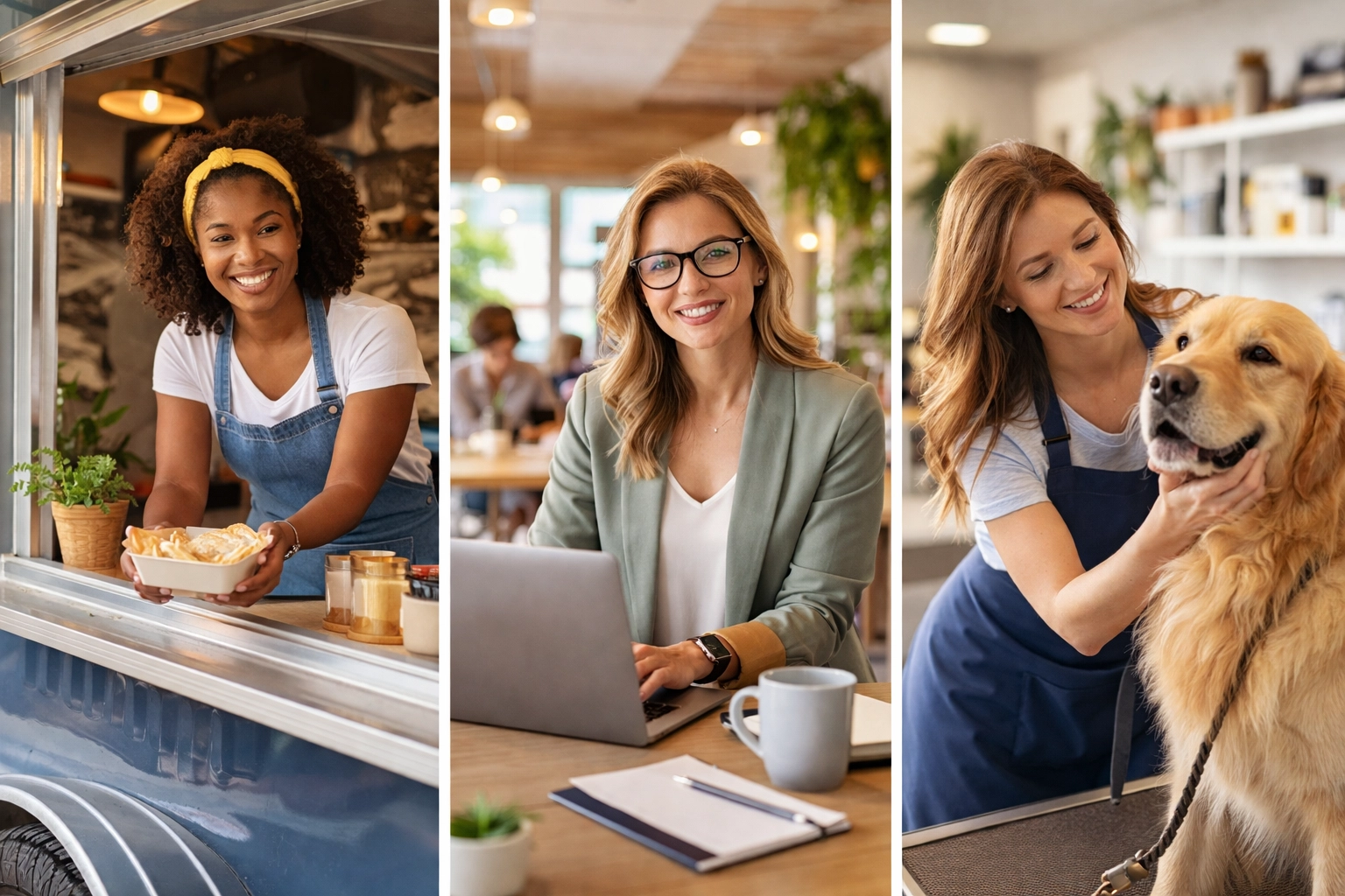 Diverse Kentucky businesses including a food truck, consultant, and dog groomer representing common insurance needs.