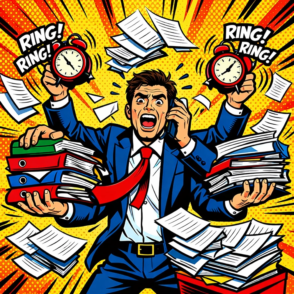 Stressed business owner juggling manual tasks illustrating the need for workflow automation.