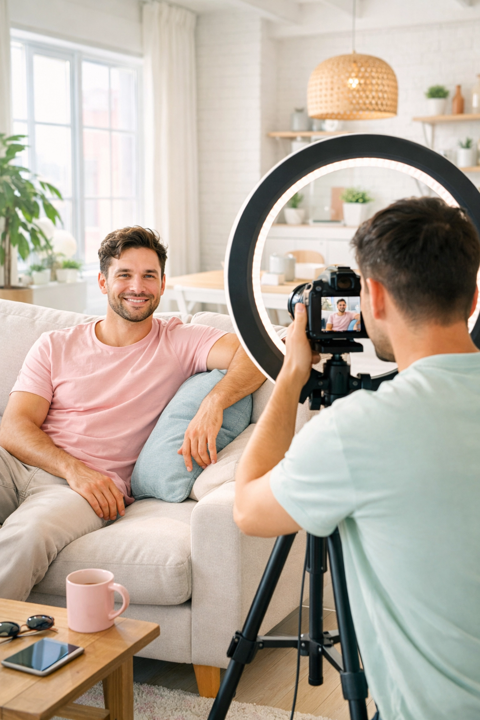 A gay couple in a modern loft using a ring light for social media, illustrating life in contemporary MM romance.