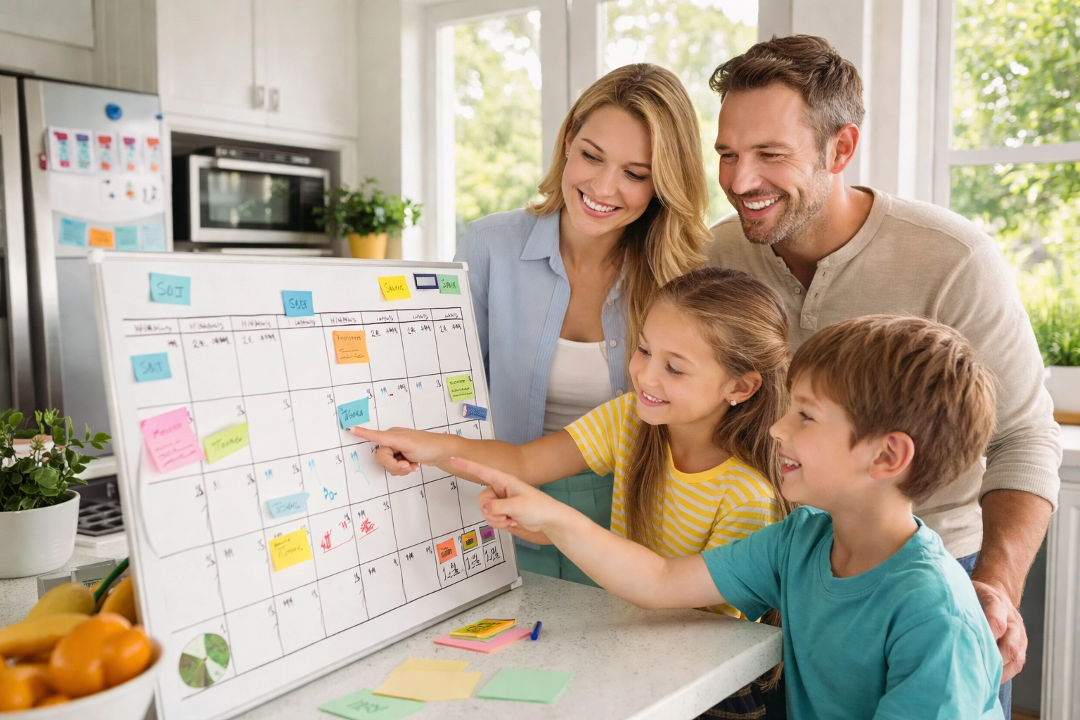 Family plans their week together in a bright kitchen, fostering structure and back-to-school readiness for student success.
