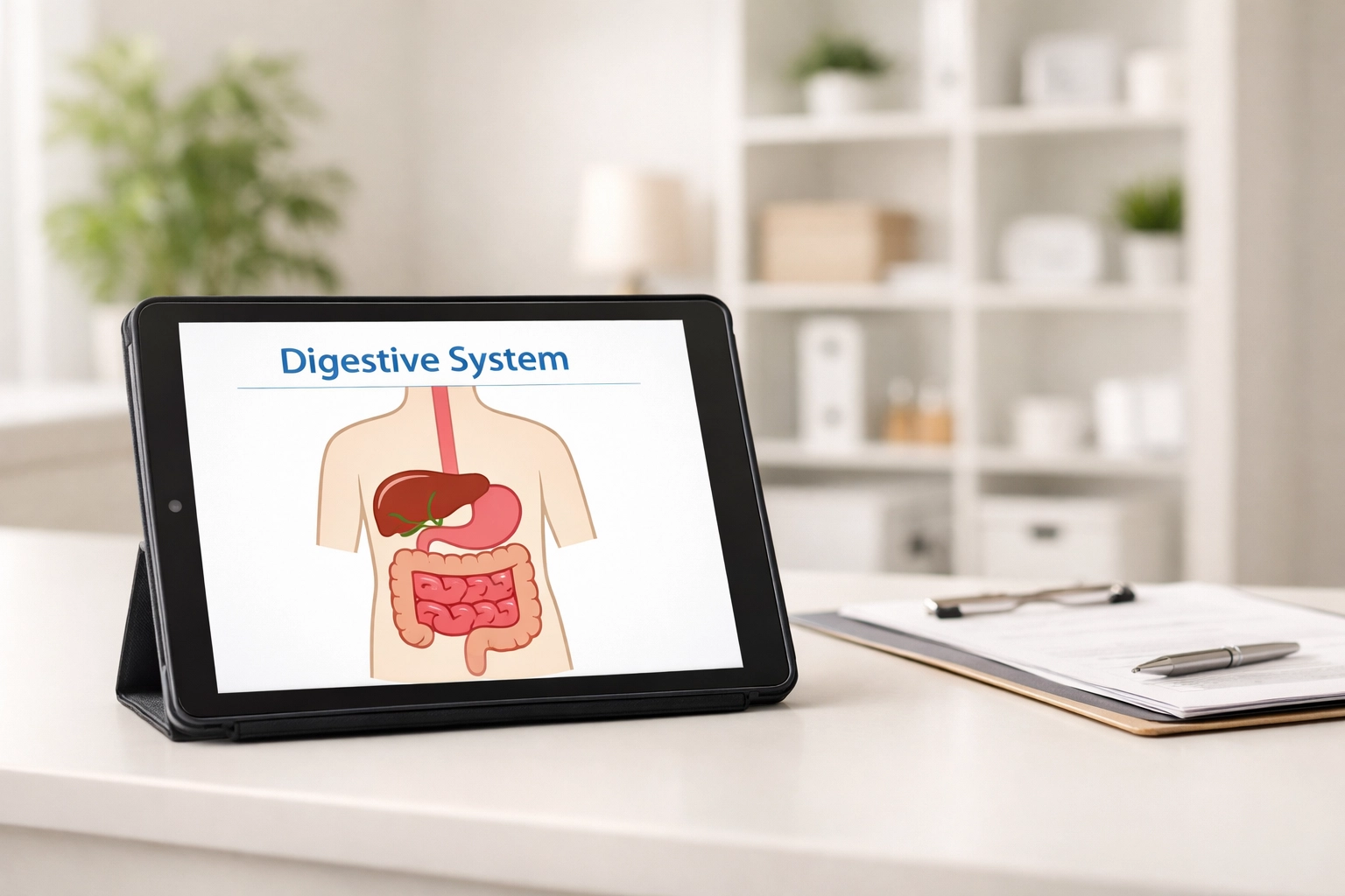 Tablet showing a digestive system diagram used to explain how Tirzepatide works for weight loss.