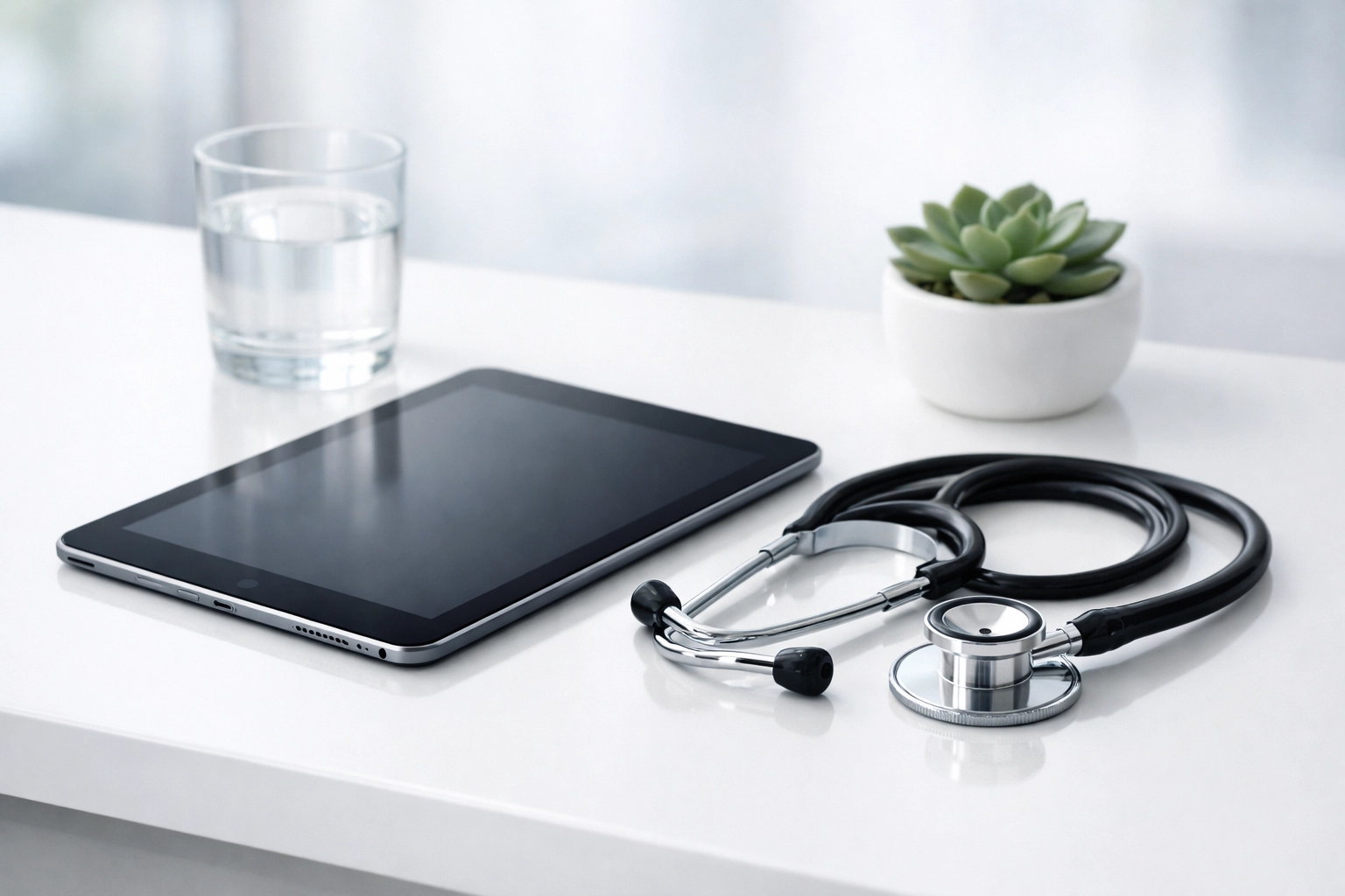Medical tablet and stethoscope on a clean desk representing professional telehealth services in Arizona.