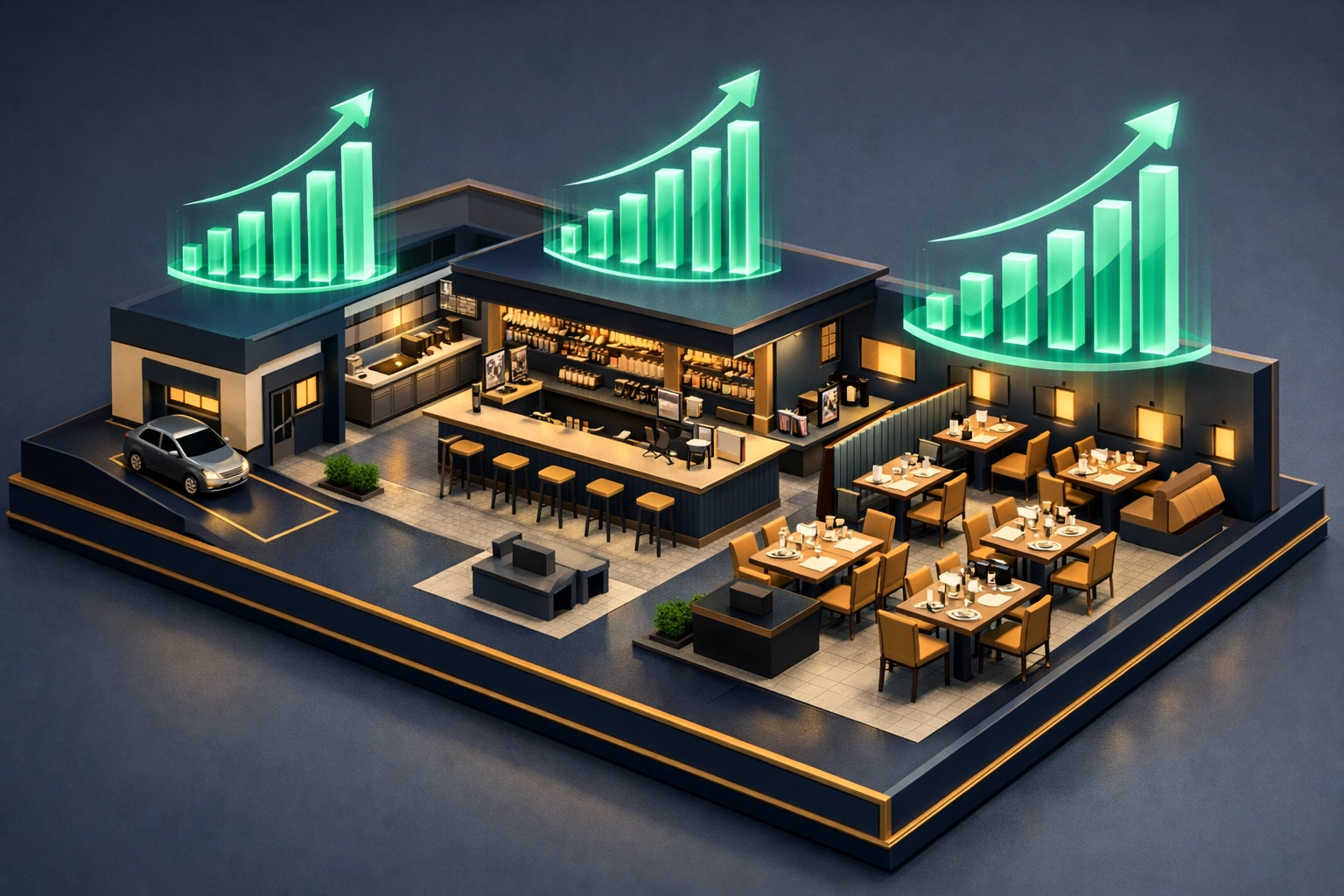 Digital floor plan with performance charts showing restaurant growth and efficiency data.