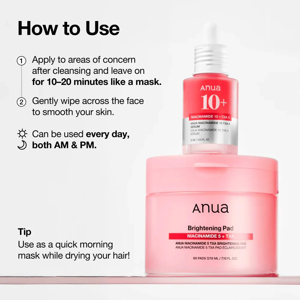 Instructional image for Anua Niacinamide 10+ TXA 4 Serum and Anua Brightening Pad