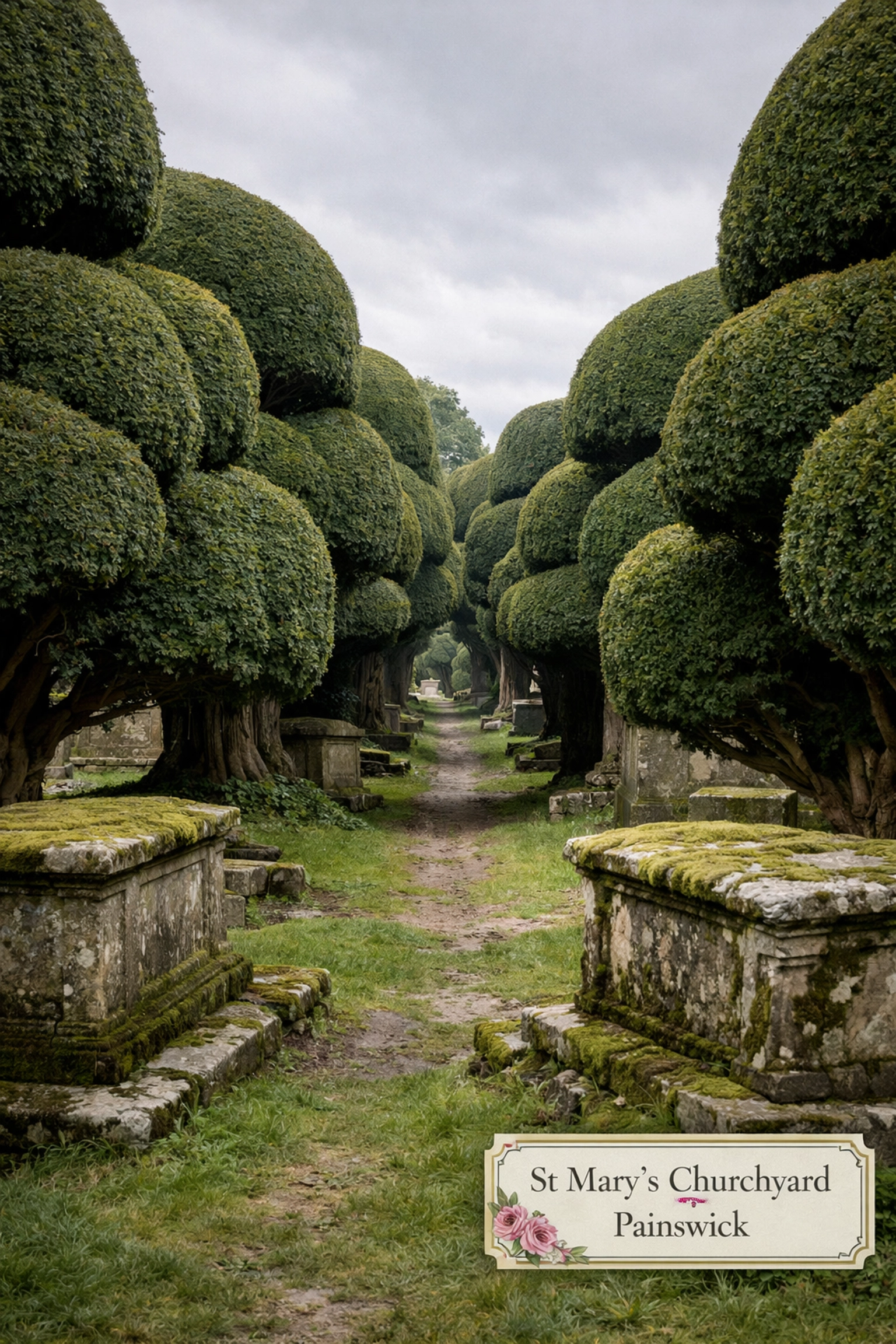 Sculpted yew trees in St Mary’s Churchyard, Painswick, a famous landmark featured in our Cotswolds tours.