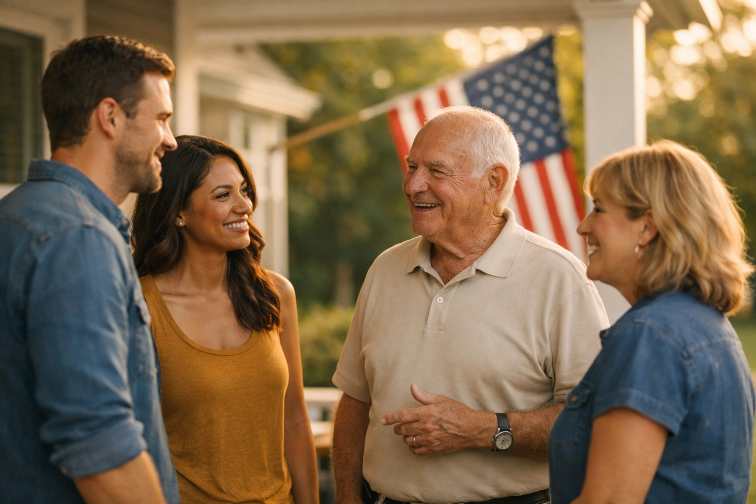 Diverse neighbors on a suburban porch celebrating daily community milestones with an American flag.