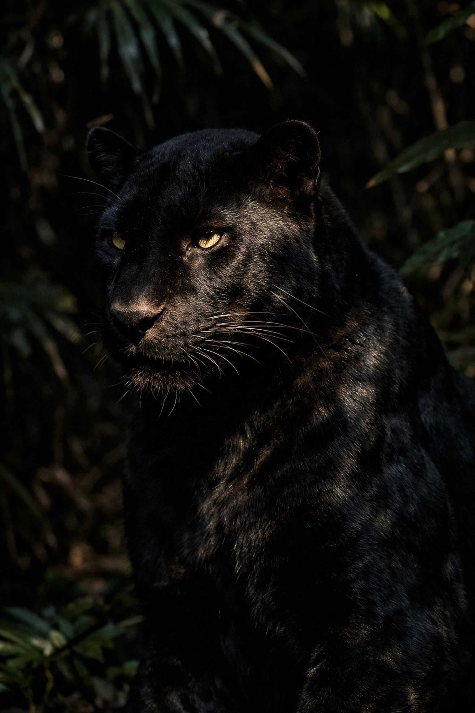 Black panther portrait showing detailed dark fur textures using exposure compensation in animal imagery.