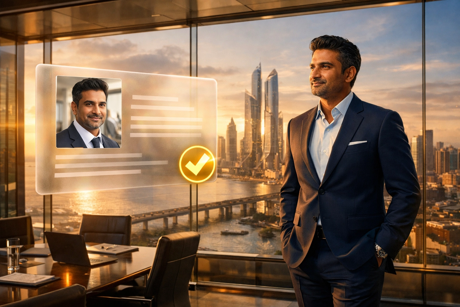 Verified Indian entrepreneur profile overlooking Mumbai skyline, symbolizing digital authority and trust.