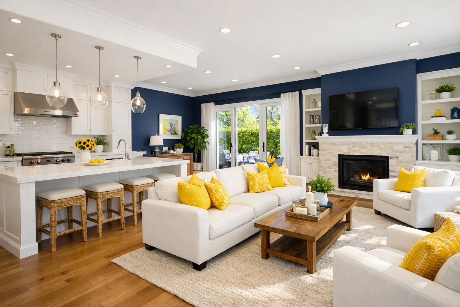 A healthy, spotless open-concept home interior after a professional eco-friendly house cleaning service.