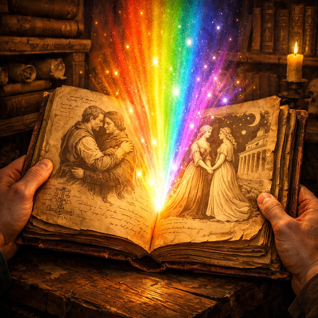 Reclaiming queer history: Hands opening an ancient manuscript that glows with rainbow light in a classic library.