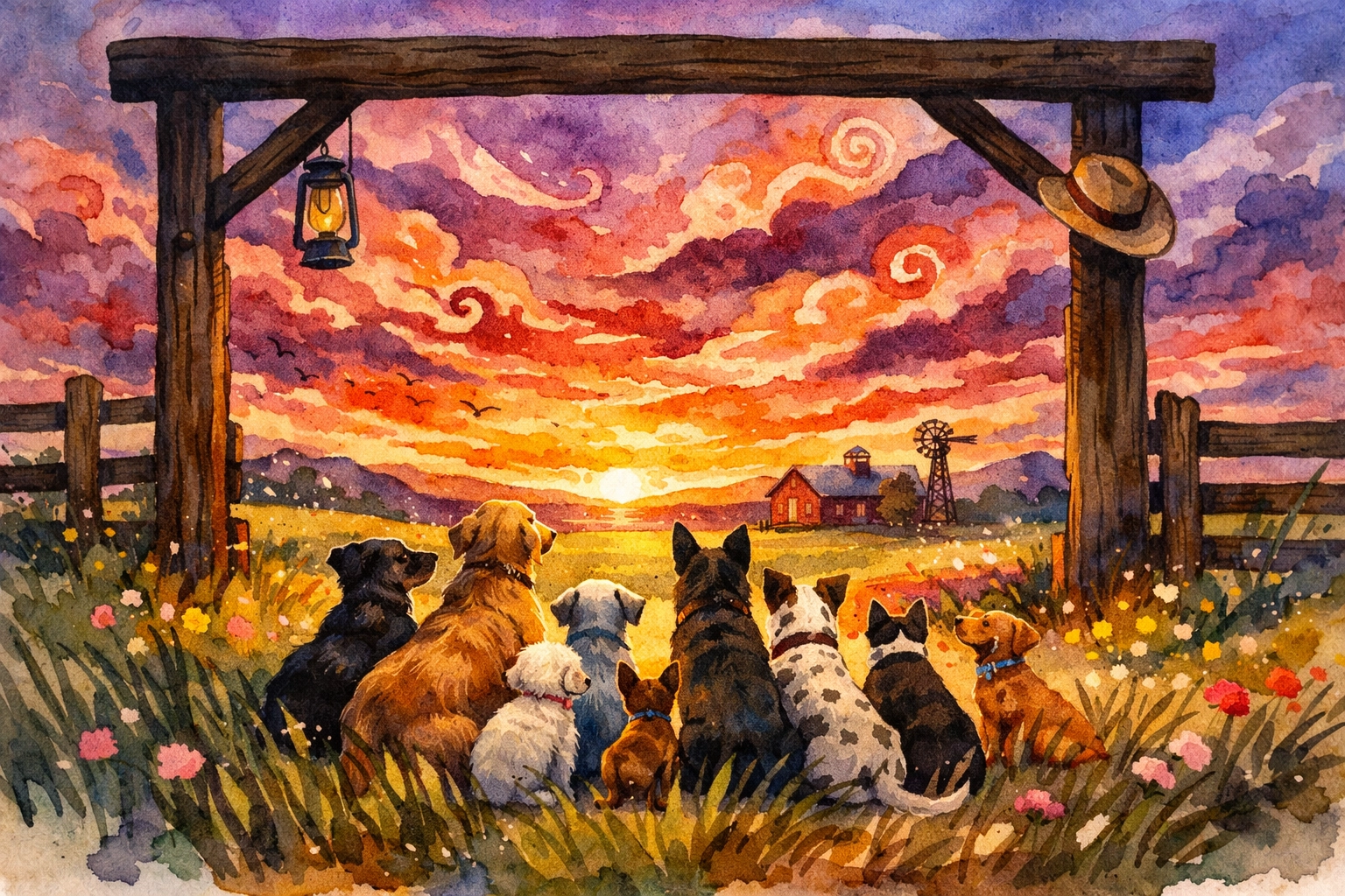 Healthy rescue dogs sitting by a ranch gate at sunset, showing the impact of dog adoption.