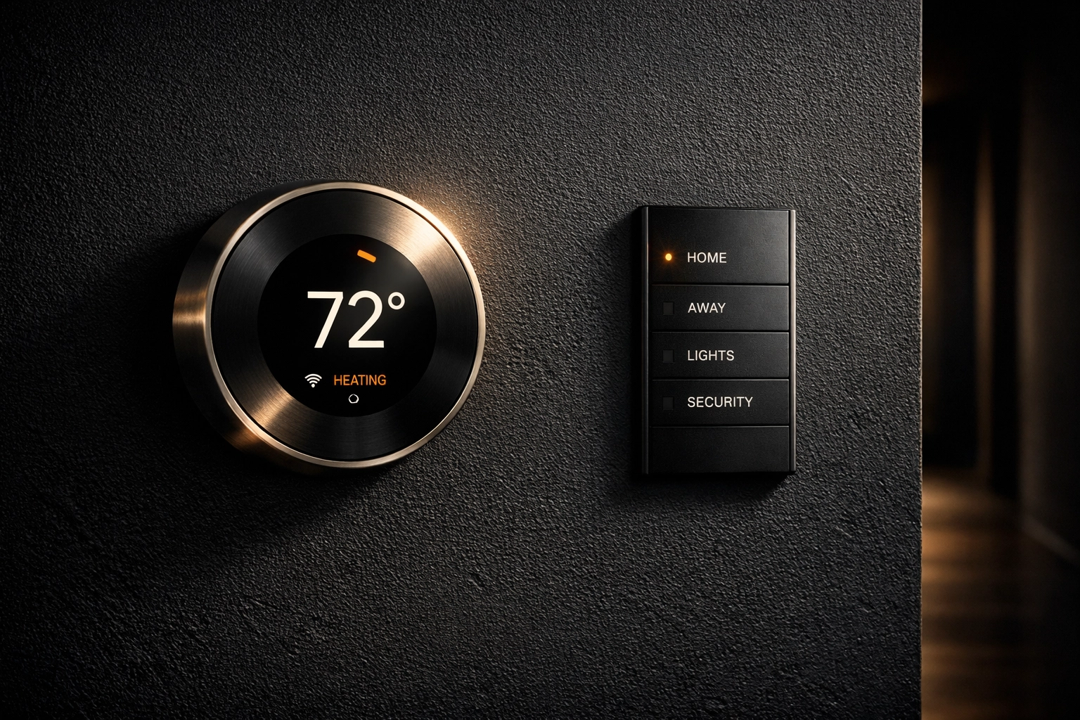 Integrated smart home security and climate control devices in a modern professional installation.