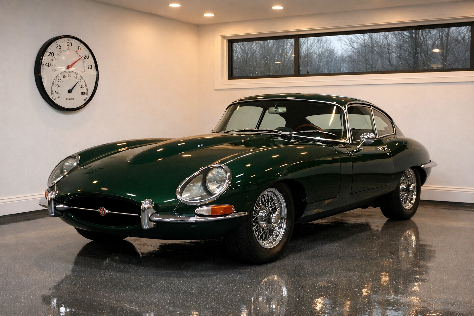 Classic Jaguar E-Type parked in a modern climate-controlled car storage facility in West Hartford, CT.
