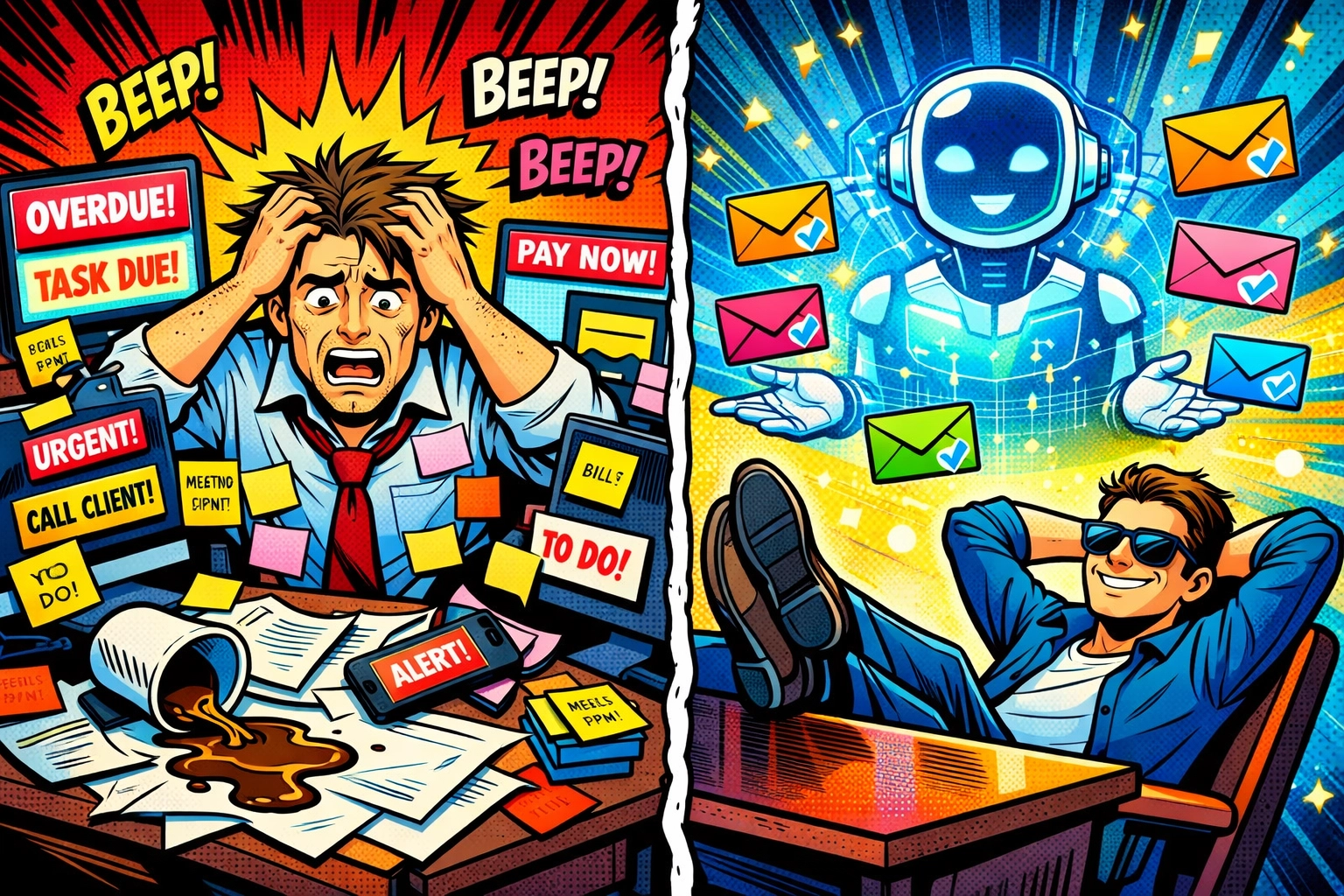 Business owner overwhelmed by manual customer follow-ups vs. relaxed with AI automation handling emails