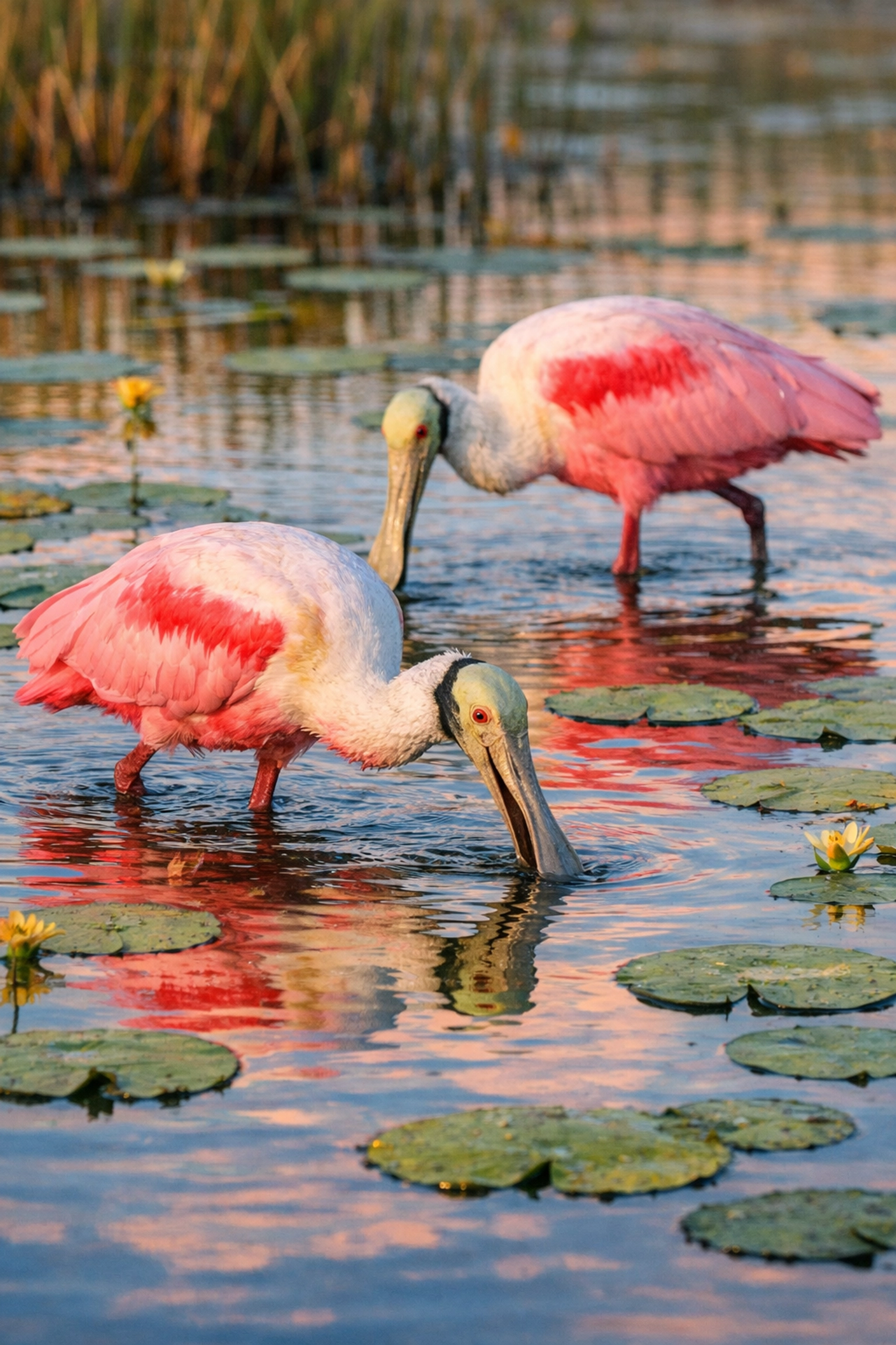 Two Roseate Spoonbills in a marsh showing deep focus and sharp plumage in the Everglades.