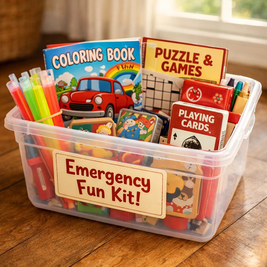 Emergency entertainment kit with coloring books, glow sticks, and activities for kids during power outages Emergency Preparedness for Single Moms: How to Fix These 7 Dangerous Power Outage Mistakes