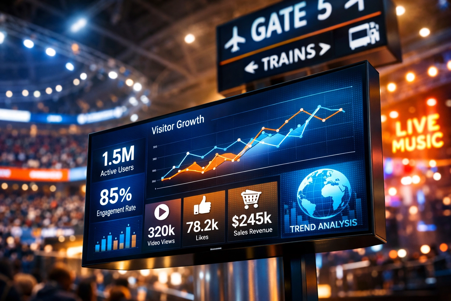 Digital signage display showing analytics in multi-sector venue for ROI tracking