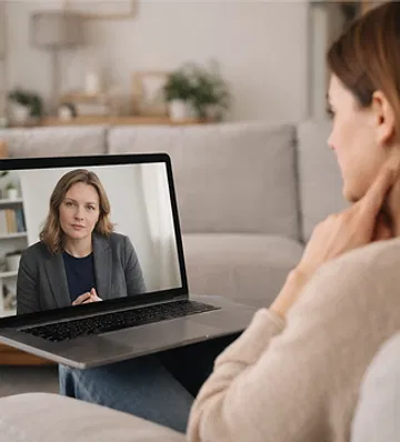 A person sits on a sofa at home, attending an online video consultation with a compassionate clinician on their laptop.