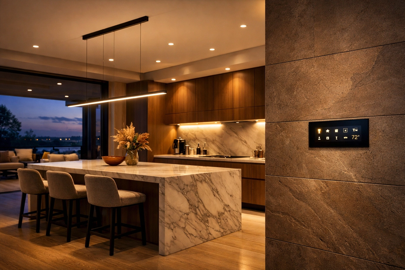Integrated smart home control panel in a modern open-plan kitchen with warm architectural lighting.