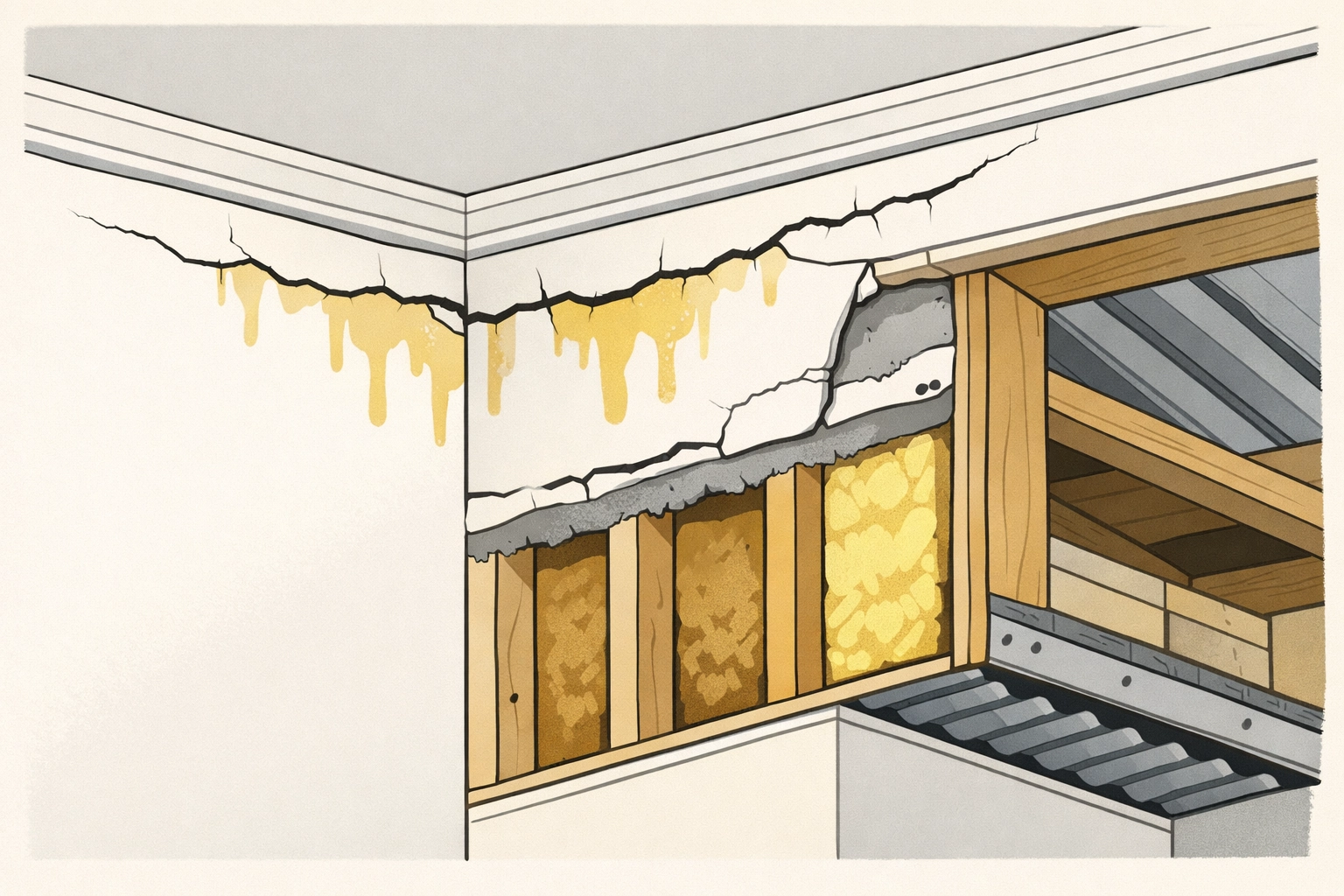 Drywall cracks and water stains at ceiling corner requiring professional repair