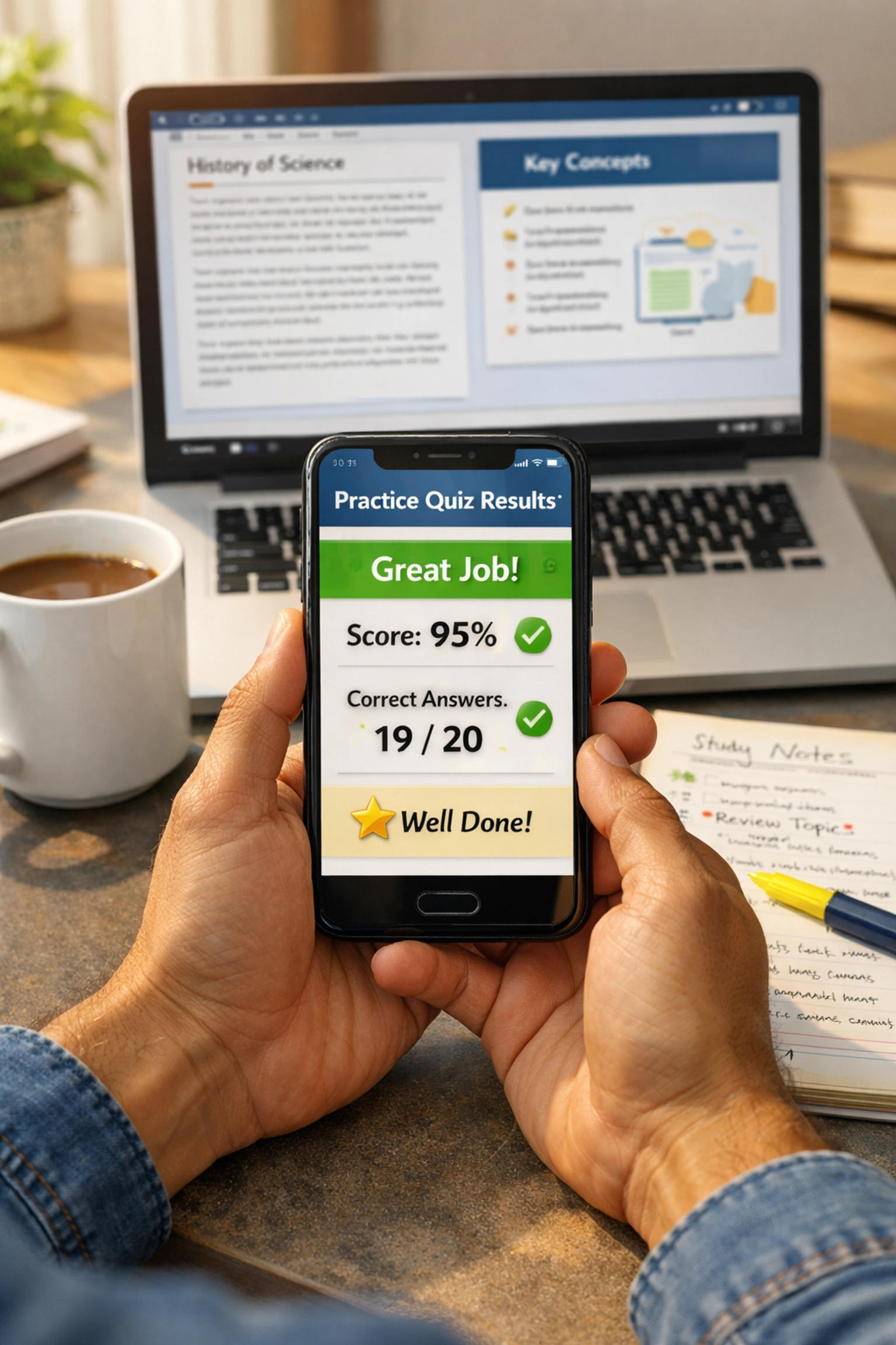 DSST practice exam results showing high scores on student's phone during test prep (1x1, center safe zone)