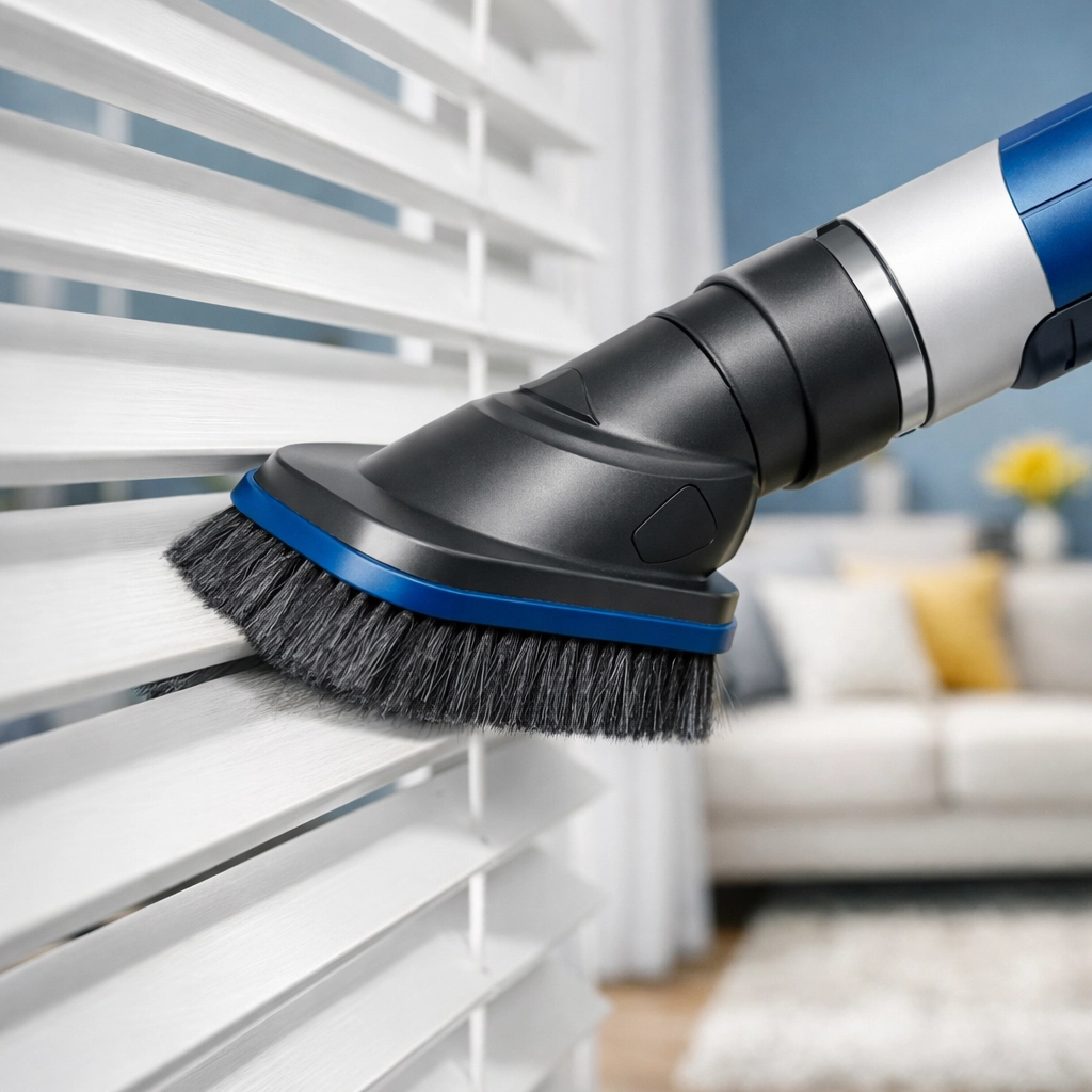 Efficiently cleaning window blinds using a vacuum attachment during residential cleaning MA in Springfield.