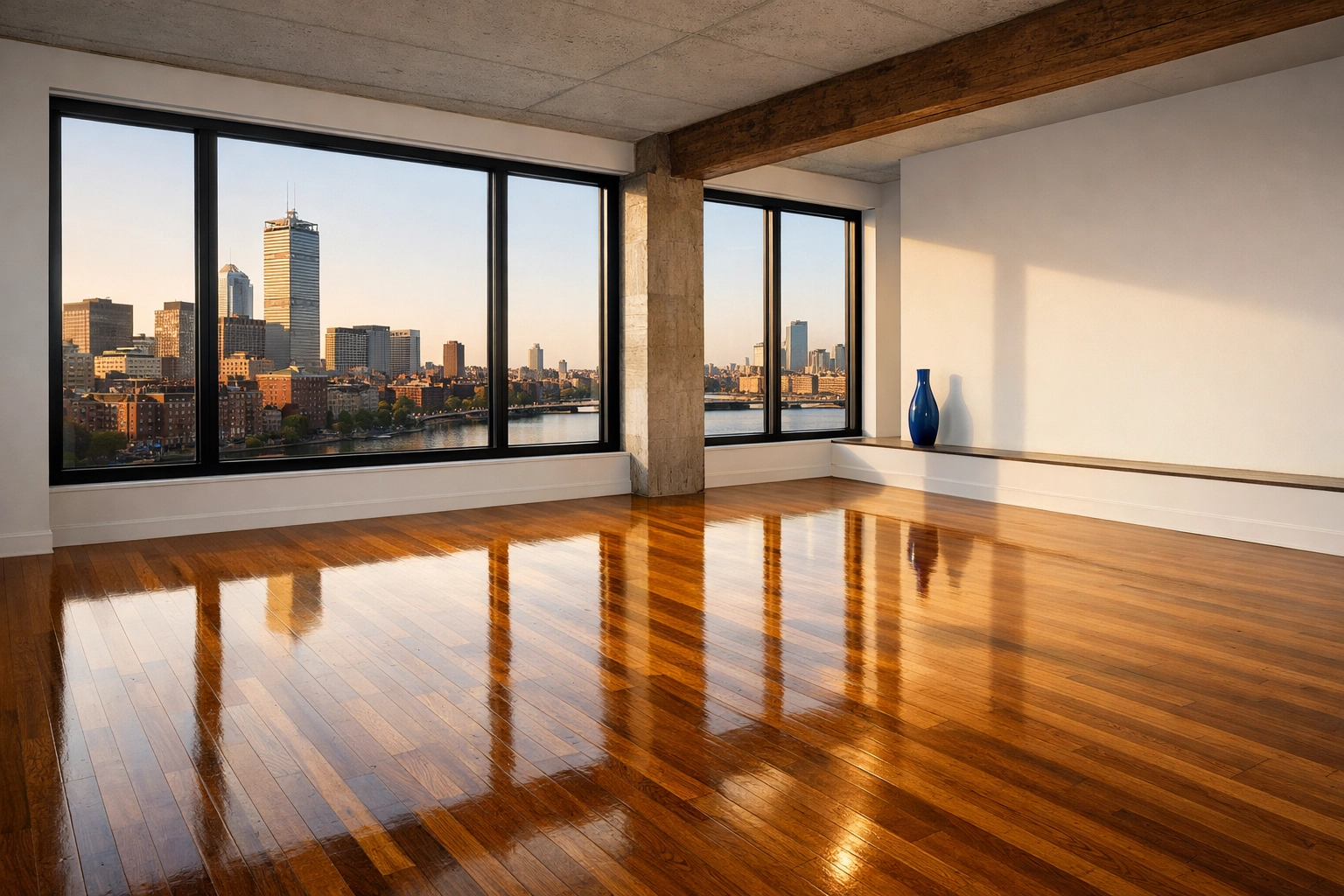 Spotless empty apartment with gleaming floors, perfect for Apartment Cleaning Boston move-outs.