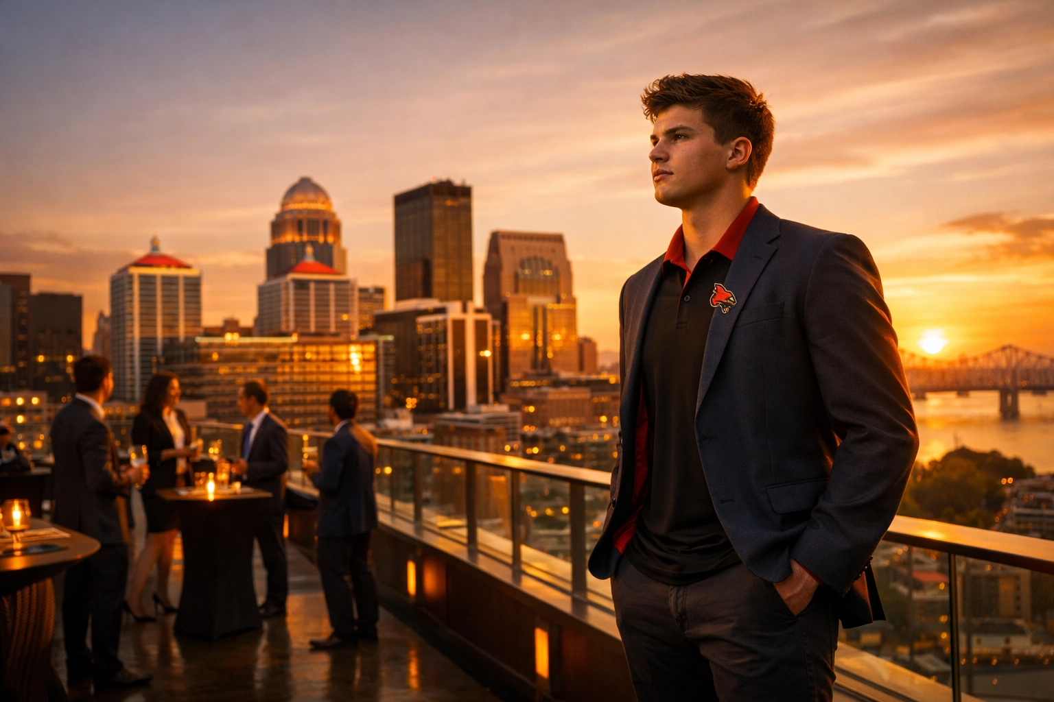 Student-athlete networking in Louisville skyline lounge, ready to turn April events into NIL deals