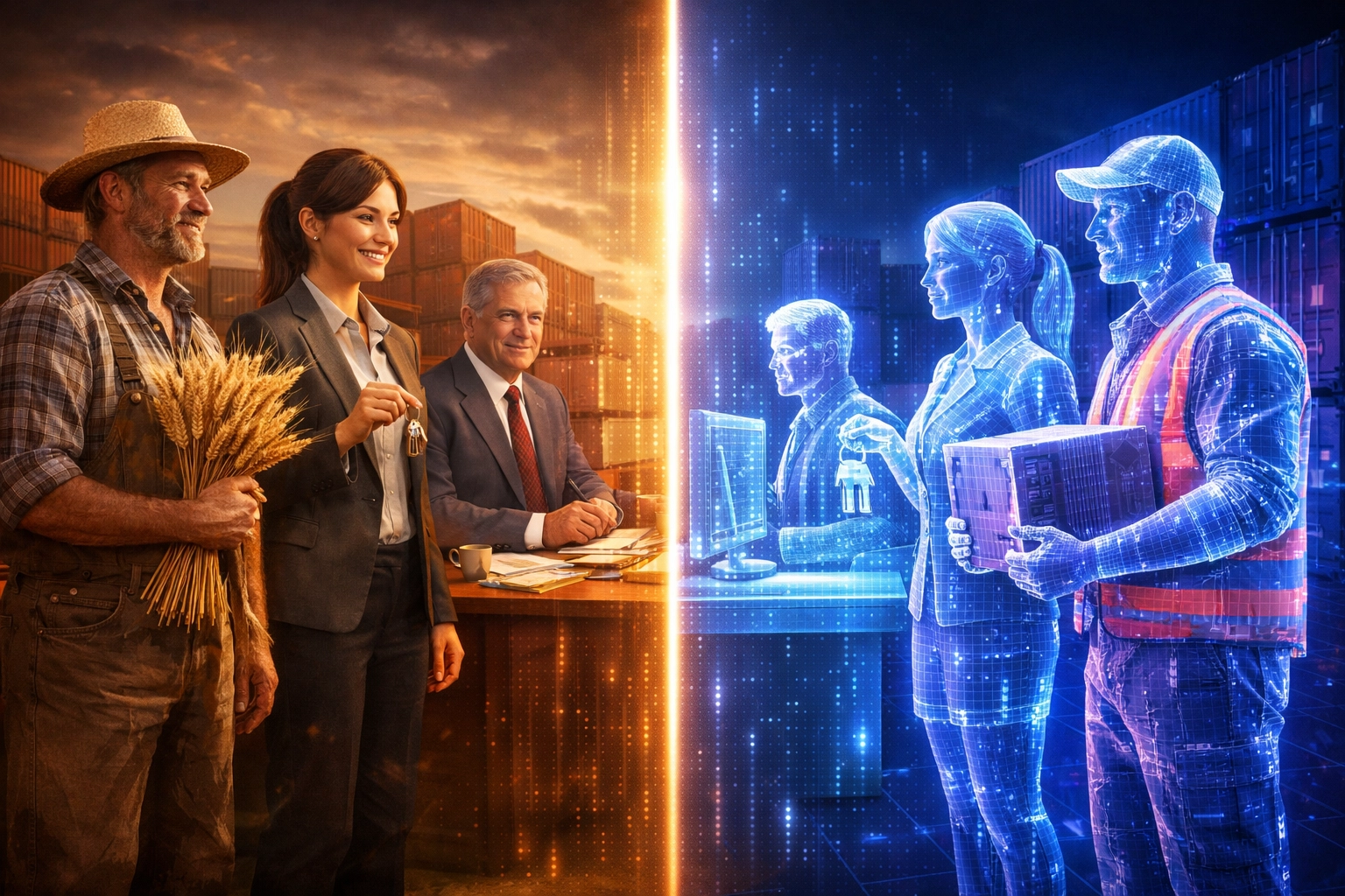 Traditional workers in various industries contrasted with their AI technology counterparts