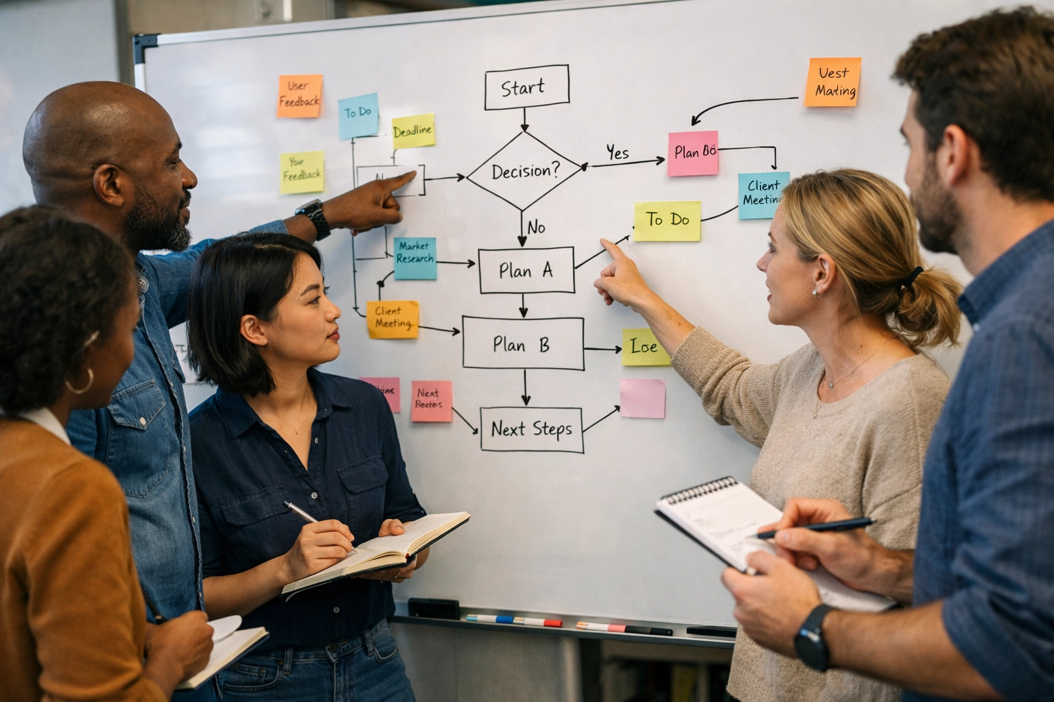 Business team mapping decision pathways and workflows on collaborative whiteboard